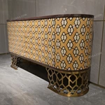 Rounded Two-Door Sideboard with Geometric Patterned Panels Dark Natural Wood Veneer Top and Gold-Tone Openwork Metal Base